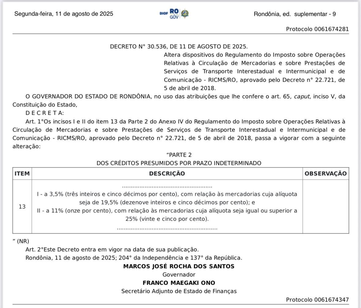 ISSO ATINGE VOCÊ - FACER destaca iniciativa do Governo de Rondônia que altera regras de créditos presumidos do ICMS